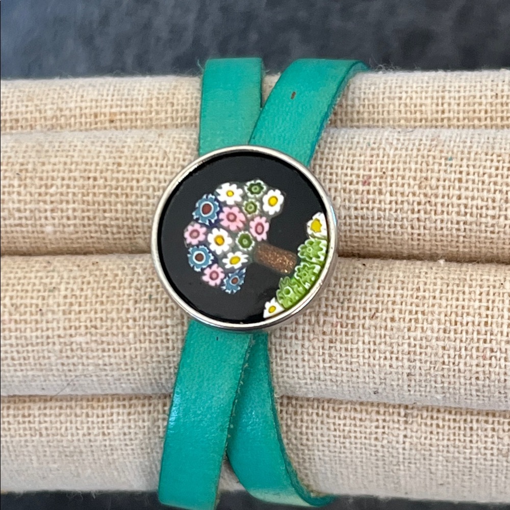 Murano Millefiori Floral Tree Turquoise Leather Wrap Bracelet Made in Italy